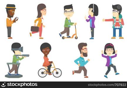 Young happy businessman with briefcase running. Successful businessman running in a hurry. Cheerful businessman running forward. Set of vector flat design illustrations isolated on white background.. Vector set of tourists and business characters.