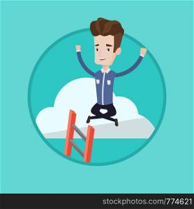 Young happy businessman with rised hands sitting on the cloud with ledder. Successful caucasian businessman relaxing on the cloud. Vector flat design illustration in the circle isolated on background.. Happy businessman sitting on the cloud.