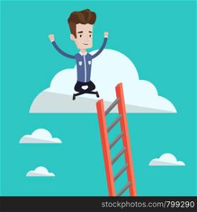 Young happy businessman with rised hands sitting on the cloud with ledder. Successful businessman relaxing on the cloud. Concept of success in business. Vector flat design illustration. Square layout.. Happy businessman sitting on the cloud.