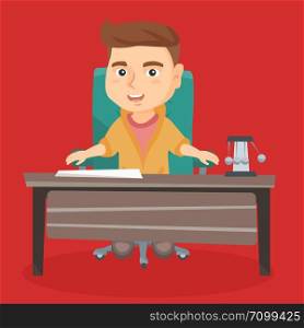 Young happy caucasian boy playing the role of office worker or businessman. little smiling businessman sitting at the table in the office. Vector cartoon illustration. Square layout.. Caucasian boy playing the role of office worker.