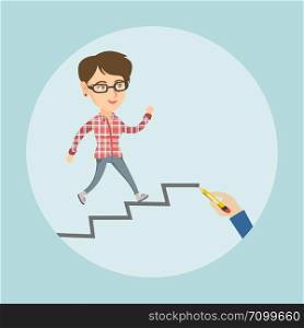 Young happy caucasian employee running up the career ladder drawn by hand. Cheerful employee climbing the career ladder. Concept of promotion, career. Vector cartoon illustration. Square layout.. Caucasian employee running up the career ladder.