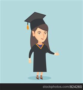 Young happy caucasian graduate giving thumb up. Full length of smiling graduate with thumb up. Cheerful graduate showing thumb up. Concept of education. Vector cartoon illustration. Square layout.. Young caucasian graduate giving thumb up.