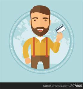 Young happy caucasian hipster businessman with the beard holding a credit card for online shopping on background map of the world. Vector flat design illustration in the circle isolated on background.. Successful businessman holding credit card.