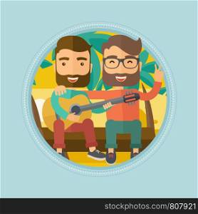 Young happy caucasian hipster friends sitting on a log and playing a guitar on the tropical beach. Men singing with a guitar. Vector flat design illustration in the circle isolated on background.. Friends playing guitar on the beach.