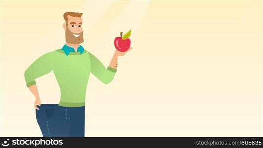Young happy caucasian man on a diet. Slim smiling man in oversized pants showing the results of his diet. Concept of dieting and healthy lifestyle. Vector flat design illustration. Horizontal layout.. Slim man in pants showing results of his diet.
