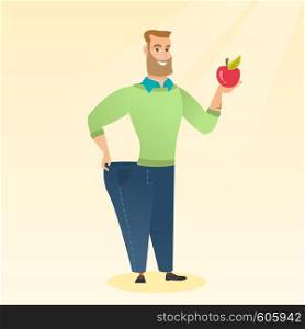 Young happy caucasian man on a diet. Slim smiling man in oversized pants showing the results of his diet. Concept of dieting and healthy lifestyle. Vector flat design illustration. Square layout.. Slim man in pants showing results of his diet.
