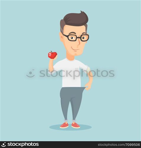 Young happy caucasian man on a diet. Slim smiling man in oversized trousers showing the results of his diet. Concept of dieting and healthy lifestyle. Vector flat design illustration. Square layout.. Slim man in pants showing the results of his diet.
