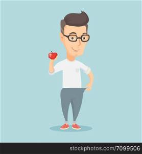 Young happy caucasian man on a diet. Slim smiling man in oversized trousers showing the results of his diet. Concept of dieting and healthy lifestyle. Vector flat design illustration. Square layout.. Slim man in pants showing the results of his diet.