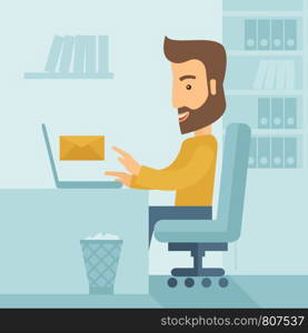 Young happy Caucasian man sitting infront of a table with computer laptop and thinking what to write in e-mail inside his office. A Contemporary style with pastel palette, soft blue tinted background. Vector flat design illustration. Square layout. . Young man sitting infront of a computer laptop.