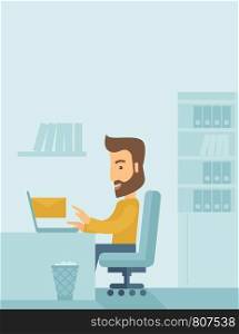 Young happy Caucasian man sitting infront of a table with computer laptop and thinking what to write in e-mail inside his office. A Contemporary style with pastel palette, soft blue tinted background. Vector flat design illustration. Vertical layout with text space on top part.. Young man sitting infront of a computer laptop.