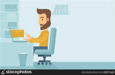 Young happy Caucasian man sitting infront of a table with computer laptop and thinking what to write in e-mail inside his office. A Contemporary style with pastel palette, soft blue tinted background. Vector flat design illustration. Horizontal layout with text space in right side.. Young man sitting infront of a computer laptop.