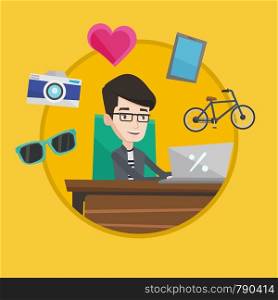 Young happy caucasian man using laptop for online shopping. Cheerful man doing online shopping. Smiling an making online order. Vector flat design illustration in the circle isolated on background.. Man shopping online vector illustration.