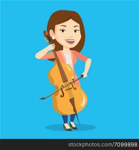 Young happy caucasian musician playing cello. Cellist playing classical music on cello. Young smiling female musician with cello and bow. Vector flat design illustration. Square layout.. Woman playing cello vector illustration.