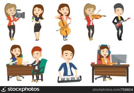Young happy caucasian musician playing cello. Cellist playing classical music on cello. Young female musician with cello and bow. Set of vector flat design illustrations isolated on white background.. Vector set of media people characters.