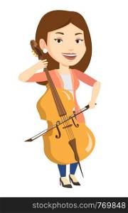 Young happy caucasian musician playing cello. Cellist playing classical music on cello. Young smiling female musician with cello and bow. Vector flat design illustration isolated on white background.. Woman playing cello vector illustration.