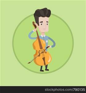 Young happy caucasian musician playing cello. Cellist playing classical music on cello. Young smiling musician with cello and bow. Vector flat design illustration in the circle isolated on background.. Man playing cello vector illustration.
