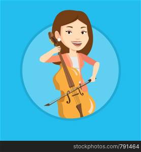 Young happy caucasian musician playing cello. Cellist playing classical music on cello. Young smiling musician with cello and bow. Vector flat design illustration in the circle isolated on background.. Woman playing cello vector illustration.