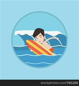 Young happy caucasian surfer having fun during execution of a move. Surfer in action on a surf board. Cheerful surfer doing trick. Vector flat design illustration in the circle isolated on background.. Happy surfer in action on a surf board.
