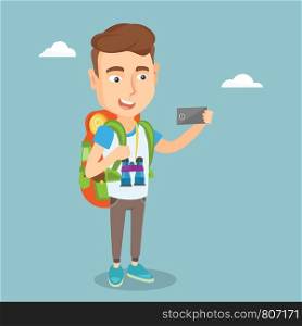Young happy caucasian traveler man making selfie. Smiling traveler man with backpack and binoculars taking photo with cellphone. Vector flat design illustration. Square layout.. Man with backpack making selfie.