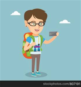 Young happy caucasian traveler woman making selfie. Full length of smiling traveler woman with a backpack and binoculars taking photo with a mobile phone. Vector cartoon illustration. Square layout.. Young caucasian traveler woman making selfie.