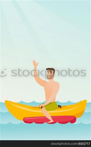 Young happy caucasian white man riding a banana boat and waving hand. Cheerful man having fun on a banana boat in the sea. Man enjoying summer vacation. Vector cartoon illustration. Vertical layout.. Young happy caucasian man riding a banana boat.