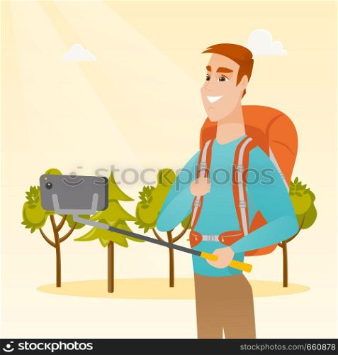 Young happy caucasian white traveler man holding a selfie-stick and making selfie. Smiling traveler man with a backpack taking photo with a mobile phone. Vector cartoon illustration. Square layout.. Young caucasian white traveler man making selfie.
