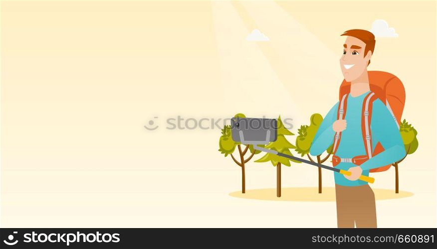 Young happy caucasian white traveler man holding a selfie-stick and making selfie. Smiling traveler man with a backpack taking photo with a mobile phone. Vector cartoon illustration. Horizontal layout. Young caucasian white traveler man making selfie.