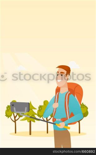 Young happy caucasian white traveler man holding a selfie-stick and making selfie. Smiling traveler man with a backpack taking photo with a mobile phone. Vector cartoon illustration. Vertical layout.. Young caucasian white traveler man making selfie.