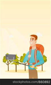 Young happy caucasian white traveler man holding a selfie-stick and making selfie. Smiling traveler man with a backpack taking photo with a mobile phone. Vector cartoon illustration. Vertical layout.. Young caucasian white traveler man making selfie.