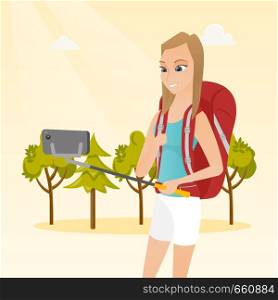 Young happy caucasian white traveler woman holding a selfie-stick and making selfie. Smiling traveler woman with a backpack taking photo with a mobile phone. Vector cartoon illustration. Square layout. Young caucasian white traveler woman making selfie