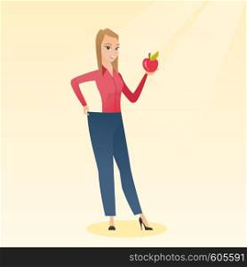Young happy caucasian woman on a diet. Slim smiling woman in oversized pants showing the results of her diet. Concept of dieting and healthy lifestyle. Vector flat design illustration. Square layout.. Slim woman in pants showing results of her diet.