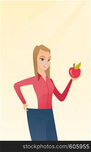 Young happy caucasian woman on a diet. Slim smiling woman in oversized pants showing the results of her diet. Concept of dieting and healthy lifestyle. Vector flat design illustration. Vertical layout. Slim woman in pants showing results of her diet.
