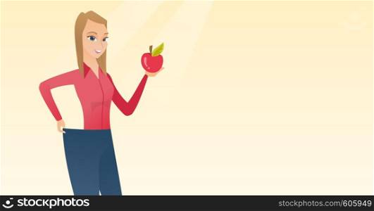 Young happy caucasian woman on a diet. Slim woman in oversized pants showing the results of her diet. Concept of dieting and healthy lifestyle. Vector flat design illustration. Horizontal layout.. Slim woman in pants showing results of her diet.