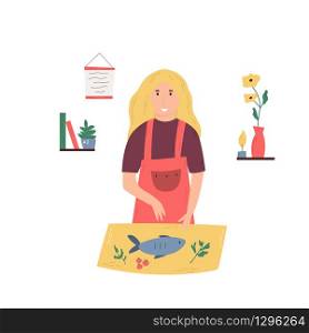 Young happy cook making dinner. Favorite hobby, job. Vector illustration. Young happy cook making dinner. Favorite hobby