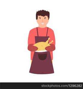 Young happy cook making dinner. Favorite hobby, job. Vector illustration. Young happy cook making dinner. Favorite hobby