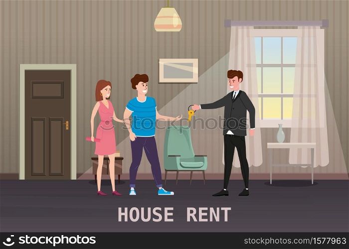 Young Happy Couple Accepting house rent. Real estate concept. Sale or rent new home service. Young Happy Couple Accepting house rent. Real estate concept. Sale or rent new home service. Modern family characters to buy new house or big appartment. Interior new housing. Realtor gives keys to family from new home. Broker services. Vector flat Illustration
