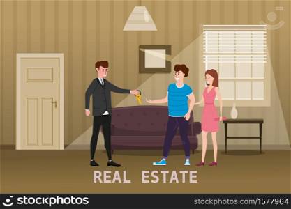 Young Happy Couple Accepting. Real estate concept. Sale or rent new home service. Young Happy Couple Accepting. Real estate concept. Sale or rent new home service. Modern family characters to buy new house or big appartment. Interior new housing. Realtor gives keys to family from new home. Broker services. Vector flat Illustration