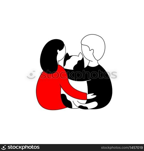 Young happy couple hugs a dog. Doodle vector illustration with man, woman, and dog. The concept of a happy family.