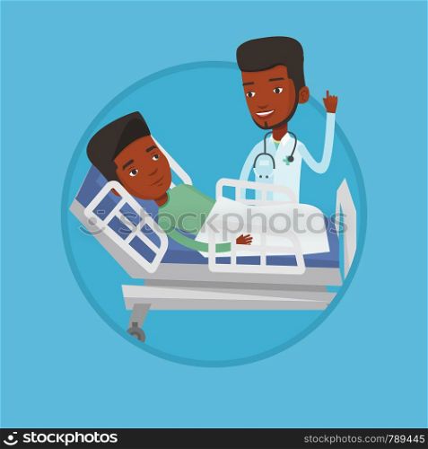 Young happy doctor with stethoscope visiting male patient at hospital. Doctor pointing finger up during consultation with patient. Vector flat design illustration in the circle isolated on background.. Doctor visiting patient vector illustration.