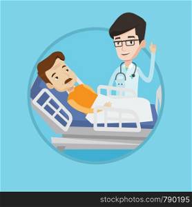 Young happy doctor with stethoscope visiting male patient at hospital. Doctor pointing finger up during consultation with patient. Vector flat design illustration in the circle isolated on background.. Doctor visiting patient vector illustration.
