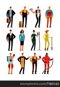 Young happy female nad male professional people in uniform. Cartoon vector characters set builder and waiter, fireman and pilot illustration. Young happy female nad male professional people in uniform. Cartoon vector characters set