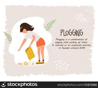 Young happy girl doing plogging. Outdoor eco activity. Vector illustration.. Young girl doing plogging. Eco poster, template