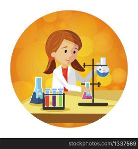 Young Happy Girl is Preparing to Study Chemistry. Vector Flat Illustration on Orange Background in White Round Frame. On Table are Test Tubes Flasks Beakers Schoolgirl in Classroom Chemistry.
