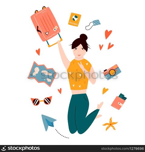 Young happy girl jumping with suitcase going for vacation. Vector illustration in a flat style. Young happy girl going for vacation. Flat design