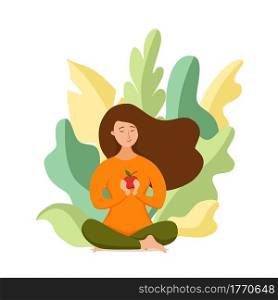 Young happy girl meditate in lotus pose holding apple in her arms vegan concept. Vector flat style illustration of vegetarian relax woman in healthy nature friendly food lifestyle. Young happy girl meditate in lotus pose holding apple in her arms vegan concept.