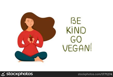 Young happy girl meditate in lotus pose holding apple in her arms vegan concept. Vector flat style illustration of vegetarian relax woman in healthy nature friendly food lifestyle. Young happy girl meditate in lotus pose holding apple in her arms vegan concept