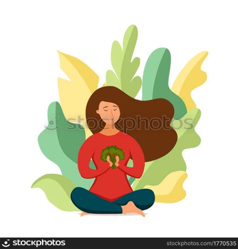Young happy girl meditate in lotus pose holding broccoli in her arms vegan concept. Vector flat style illustration of vegetarian relax woman in healthy nature friendly food lifestyle. Young happy girl meditate in lotus pose holding broccoli in her arms vegan concept.