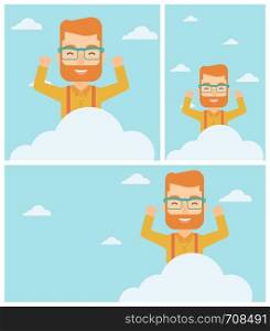 Young happy hipster man with raised hands sitting on a cloud on the background of blue sky. Cloud computing concept. Vector flat design illustration. Square, horizontal, vertical layouts.. Man sitting on cloud vector illustration.