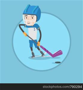 Young happy ice hockey player skating on rink. Ice hockey player with stick and puck. Caucasian smiling man playing ice hockey. Vector flat design illustration in the circle isolated on background. Ice hockey player vector illustration.
