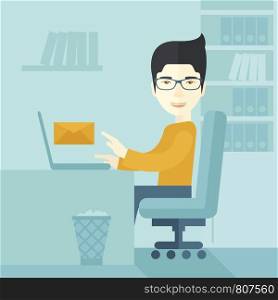 Young happy japanese man sitting in front of a table with computer laptop and thinking what to write in e-mail inside his office. A Contemporary style with pastel palette, soft blue tinted background. Vector flat design illustration. Square layout.. Young happy japanese man